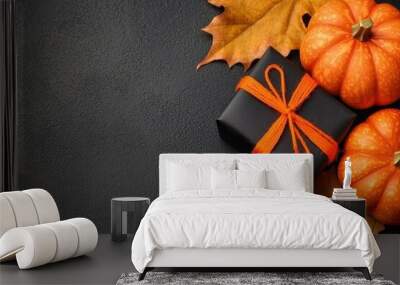 Halloween gifts wrapped in black and orange with spooky elements, [spooky season], [festive fun], selective focus on foreground, copy space for text, ultra HD, Wall mural